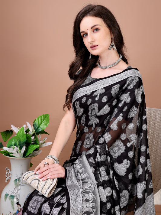 Leelavati Woven, Self Design Kanjivaram Pure Silk, Jacquard Saree (Black)