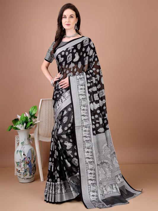 Leelavati Woven, Self Design Kanjivaram Pure Silk, Jacquard Saree (Black)