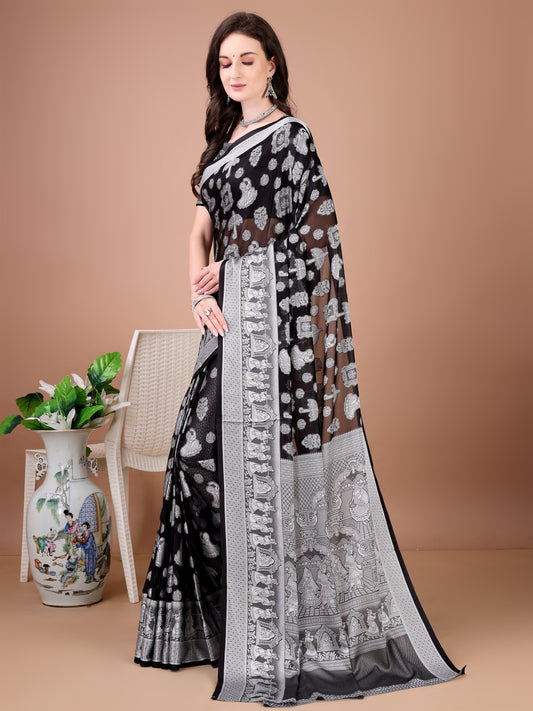 Leelavati Woven, Self Design Kanjivaram Pure Silk, Jacquard Saree (Black)