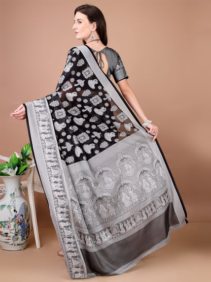 Leelavati Woven, Self Design Kanjivaram Pure Silk, Jacquard Saree (Black)