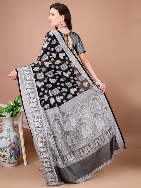 Leelavati Woven, Self Design Kanjivaram Pure Silk, Jacquard Saree (Black)