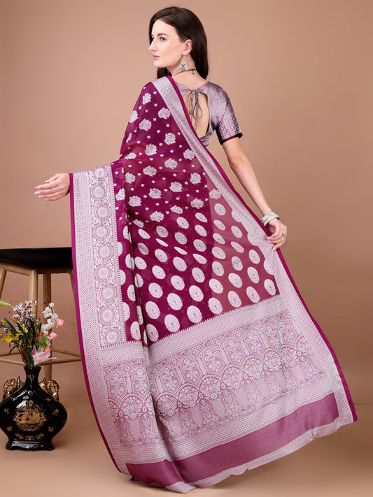 Leelavati Woven, Self Design Kanjivaram Pure Silk, Jacquard Saree (Purple)