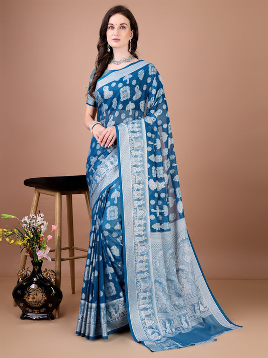 Leelavati Woven, Self Design Kanjivaram Pure Silk, Jacquard Saree (Light Blue)