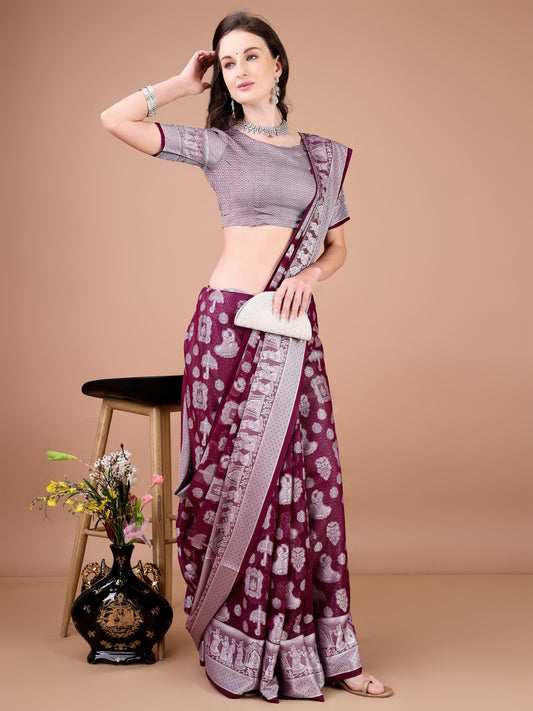Leelavati Woven, Self Design Kanjivaram Pure Silk, Jacquard Saree (Purple)