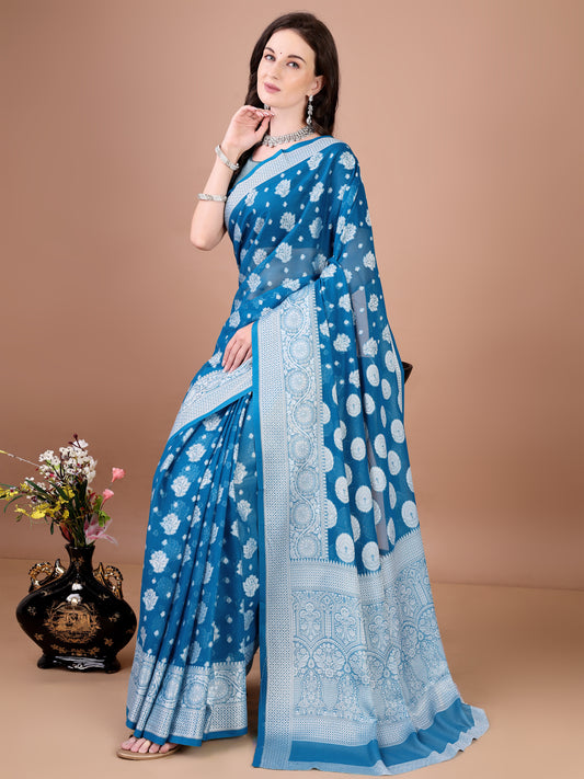 Leelavati Woven, Self Design Kanjivaram Pure Silk, Jacquard Saree (Light Blue)