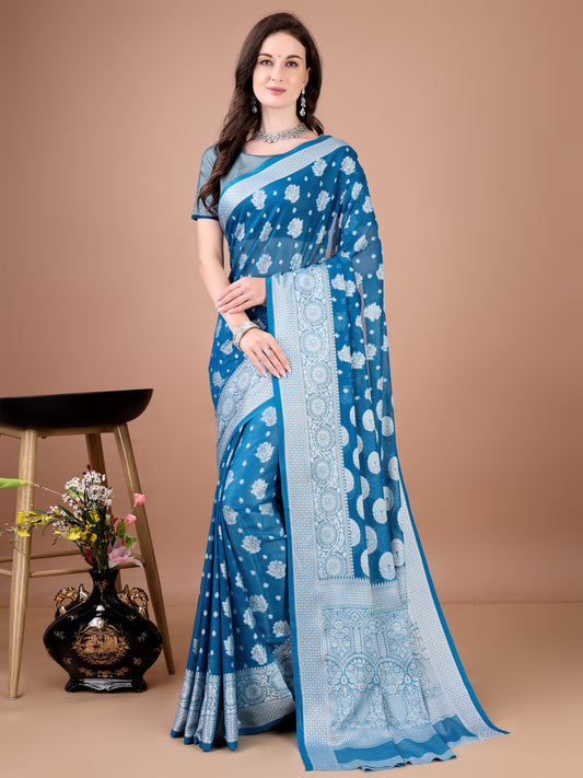 Leelavati Woven, Self Design Kanjivaram Pure Silk, Jacquard Saree (Light Blue)