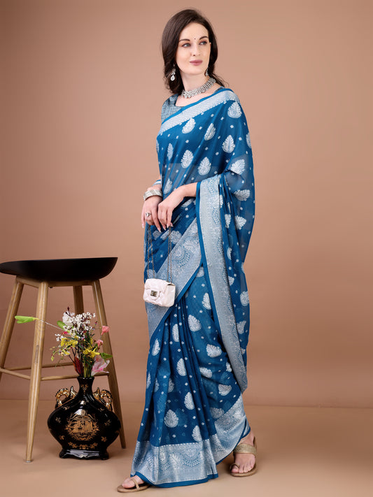 Leelavati Woven, Self Design Kanjivaram Pure Silk, Jacquard Saree (Light Blue)