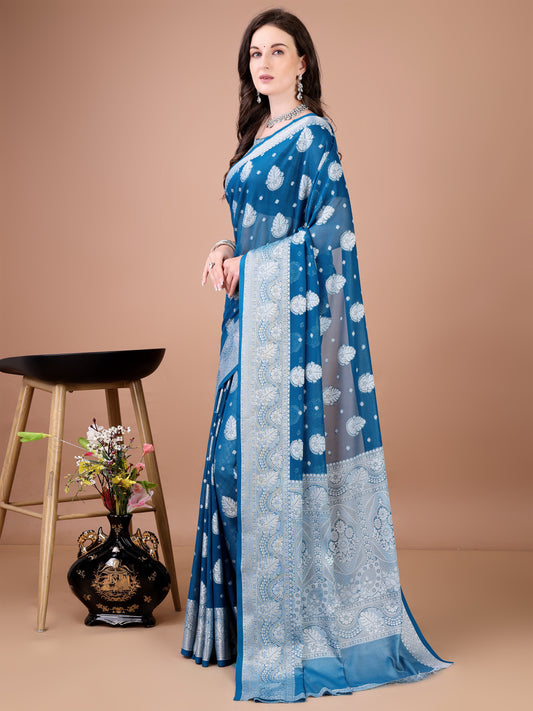 Leelavati Woven, Self Design Kanjivaram Pure Silk, Jacquard Saree (Light Blue)