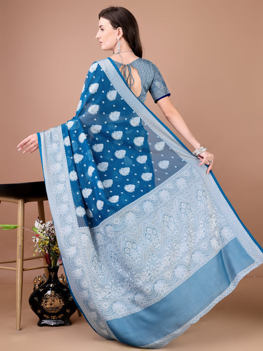 Leelavati Woven, Self Design Kanjivaram Pure Silk, Jacquard Saree (Light Blue)