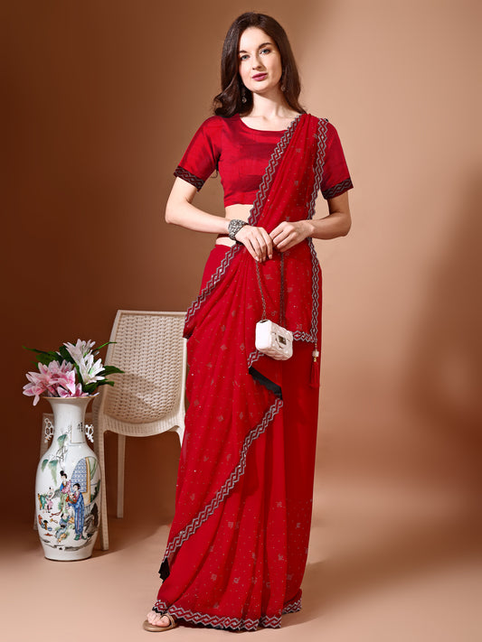 Leelavati Embellished Bollywood Chiffon Saree (Red)