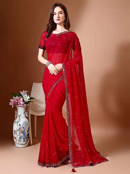 Leelavati Embellished Bollywood Chiffon Saree (Red)