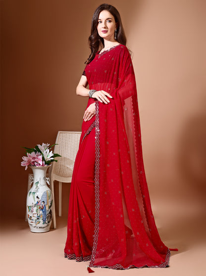 Leelavati Embellished Bollywood Chiffon Saree (Red)