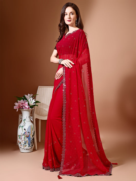 Leelavati Embellished Bollywood Chiffon Saree (Red)
