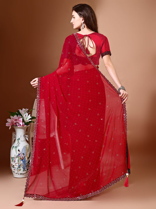 Leelavati Embellished Bollywood Chiffon Saree (Red)