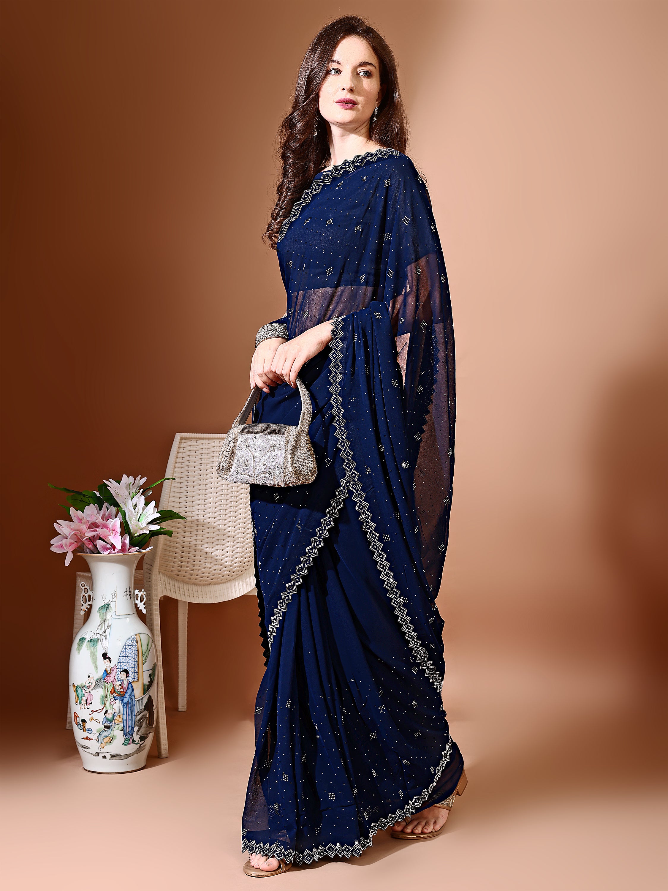 Leelavati Embellished Bollywood Chiffon Saree (Dark Blue)