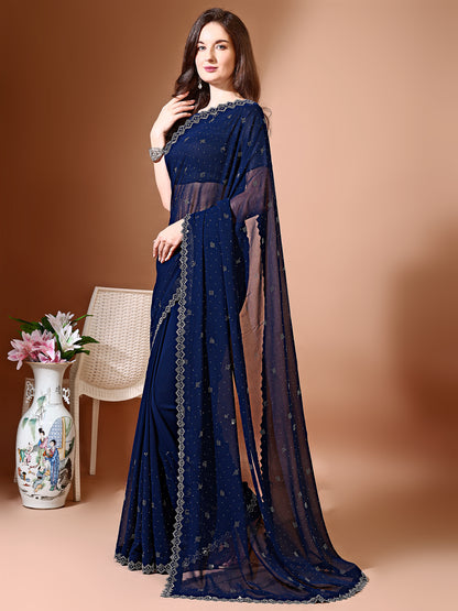 Leelavati Embellished Bollywood Chiffon Saree (Dark Blue)