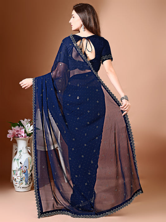 Leelavati Embellished Bollywood Chiffon Saree (Dark Blue)