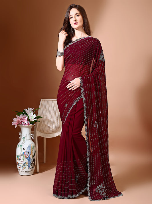 Leelavati Embellished Bollywood Chiffon Saree (Maroon)