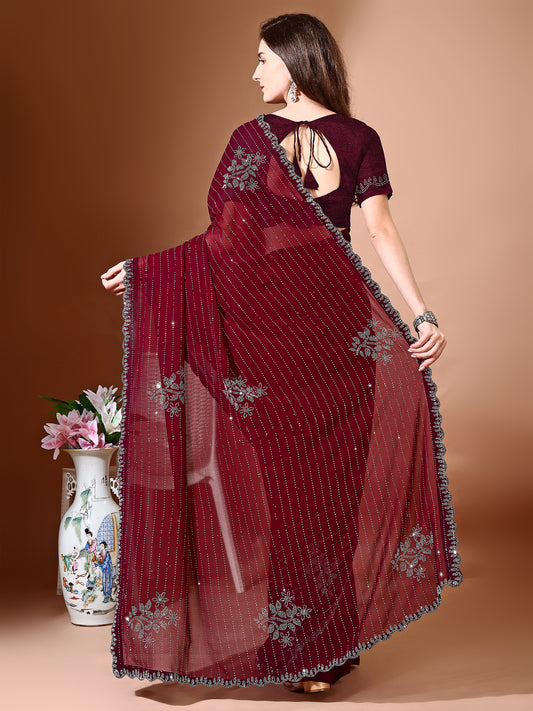Leelavati Embellished Bollywood Chiffon Saree (Maroon)