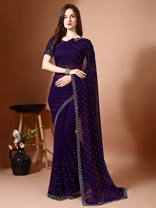 Leelavati Embellished Bollywood Chiffon Saree (Purple)