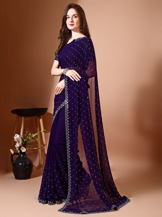 Leelavati Embellished Bollywood Chiffon Saree (Purple)