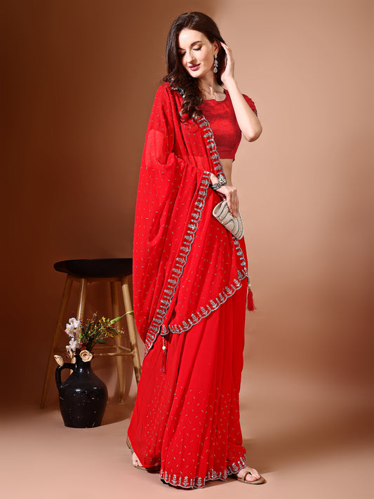 Leelavati Embellished Bollywood Chiffon Saree (Red)