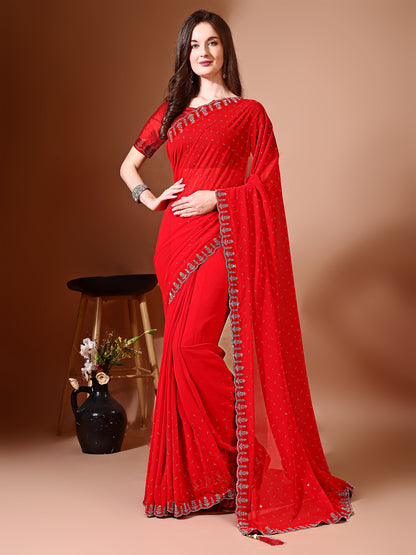 Leelavati Embellished Bollywood Chiffon Saree (Red)