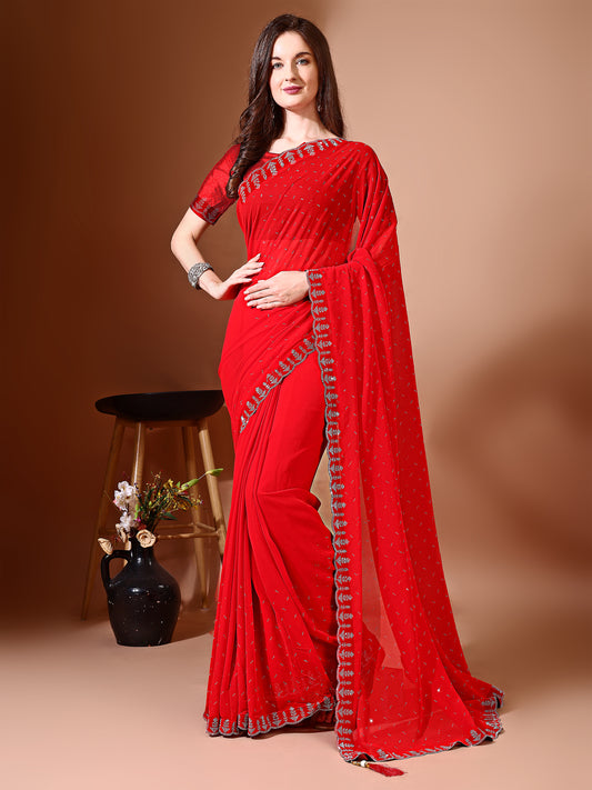 Leelavati Embellished Bollywood Chiffon Saree (Red)