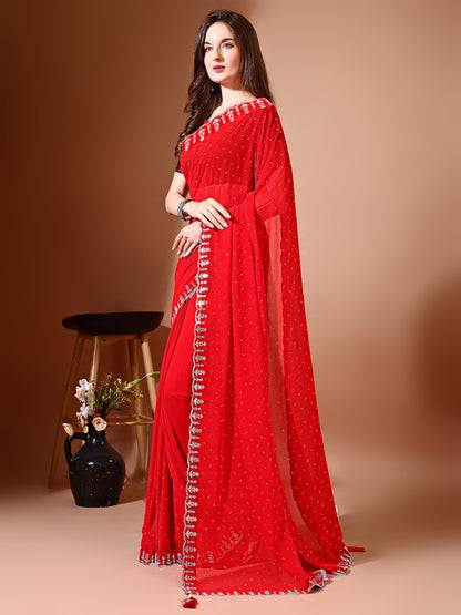 Leelavati Embellished Bollywood Chiffon Saree (Red)