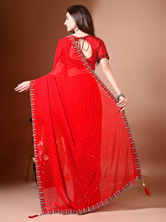 Leelavati Embellished Bollywood Chiffon Saree (Red)