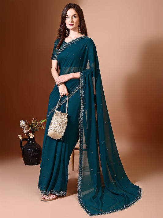 Leelavati Embellished Bollywood Chiffon Saree (Blue)