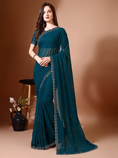 Leelavati Embellished Bollywood Chiffon Saree (Blue)