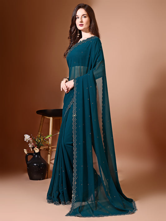 Leelavati Embellished Bollywood Chiffon Saree (Blue)