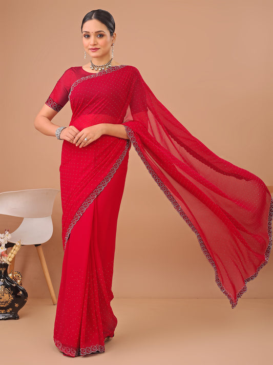 Leelavati Embellished Bollywood Chiffon Saree (Red)