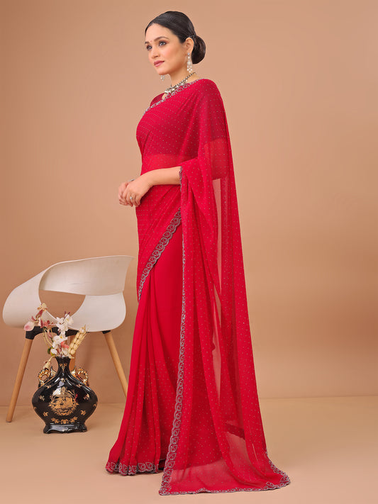 Leelavati Embellished Bollywood Chiffon Saree (Red)