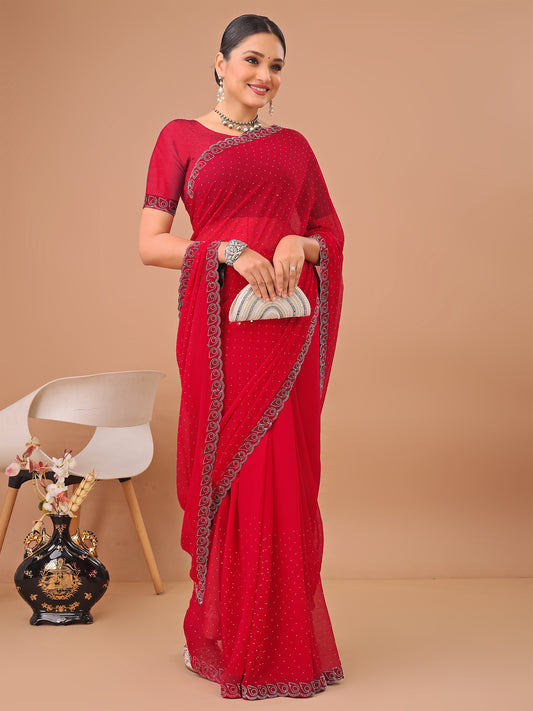 Leelavati Embellished Bollywood Chiffon Saree (Red)