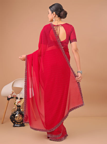 Leelavati Embellished Bollywood Chiffon Saree (Red)