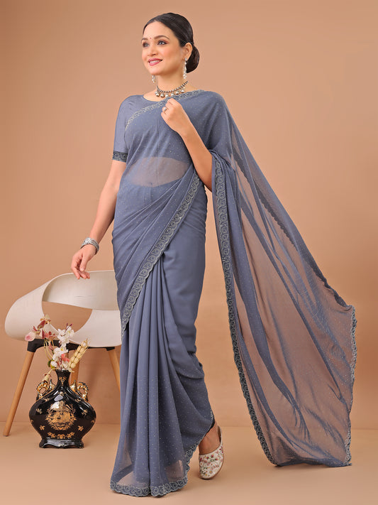 Leelavati Embellished Bollywood Chiffon Saree (Grey)