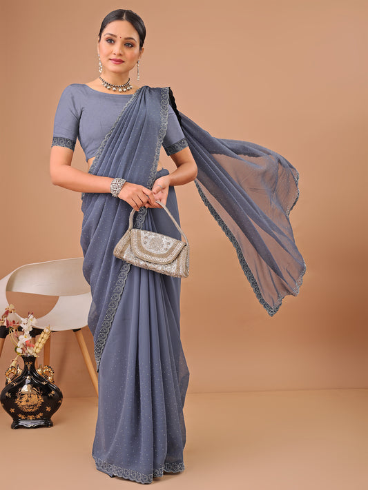 Leelavati Embellished Bollywood Chiffon Saree (Grey)