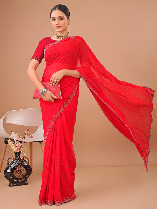 Leelavati Embellished Bollywood Chiffon Saree (Red)