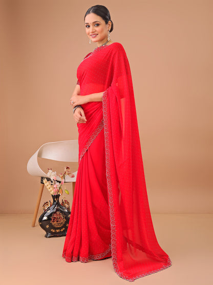 Leelavati Embellished Bollywood Chiffon Saree (Red)