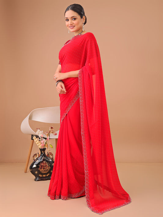 Leelavati Embellished Bollywood Chiffon Saree (Red)