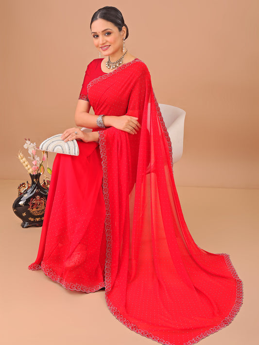 Leelavati Embellished Bollywood Chiffon Saree (Red)