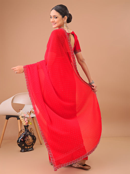 Leelavati Embellished Bollywood Chiffon Saree (Red)