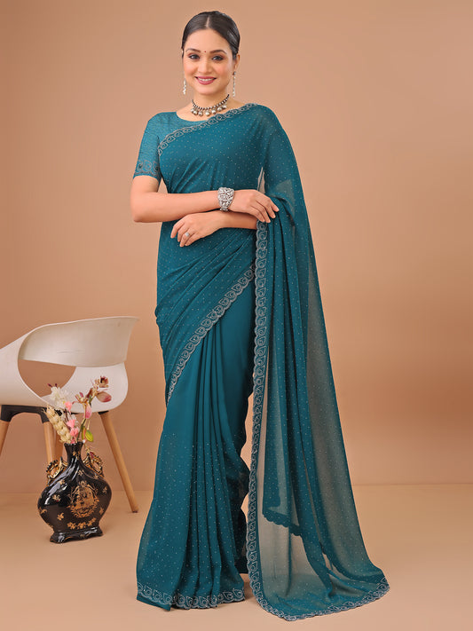 Leelavati Embellished Bollywood Chiffon Saree (Light Blue)