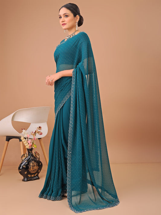 Leelavati Embellished Bollywood Chiffon Saree (Light Blue)
