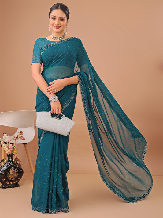 Leelavati Embellished Bollywood Chiffon Saree (Light Blue)
