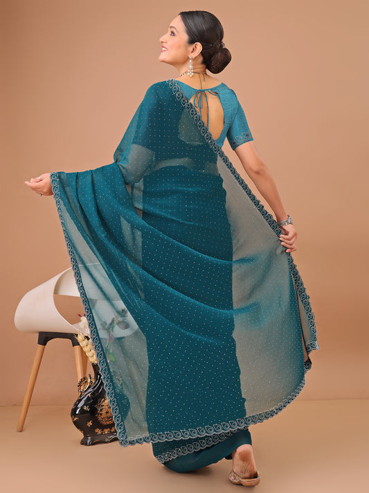 Leelavati Embellished Bollywood Chiffon Saree (Light Blue)