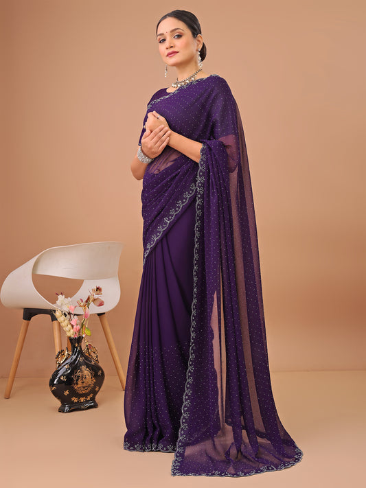 Leelavati Embellished Bollywood Chiffon Saree (Purple)