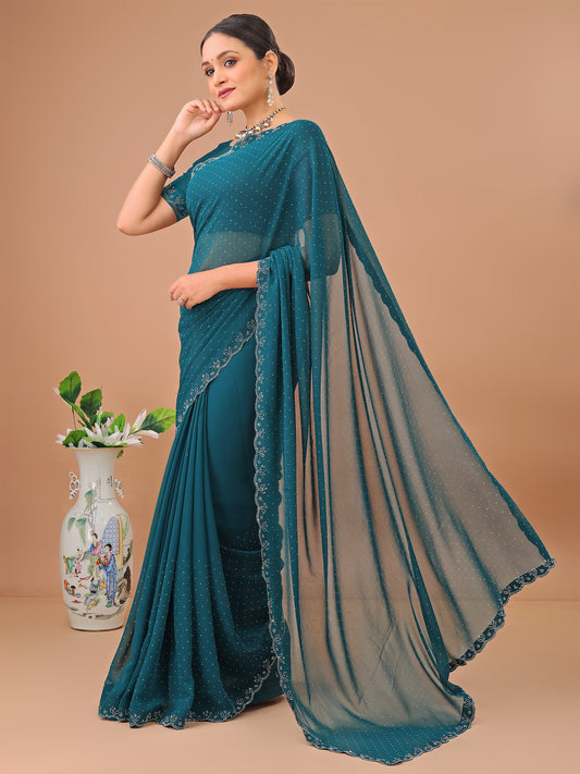 Leelavati Embellished Bollywood Chiffon Saree (Light Blue)